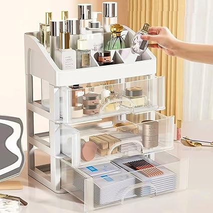 3-Tier Clear Cosmetic Organizer with Drawers & Top Tray