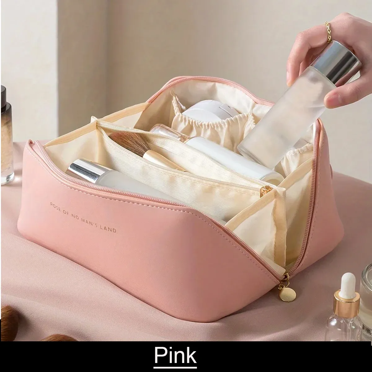 Premium Leather Travel Makeup Bag โ Waterproof with Alloy Zipper
