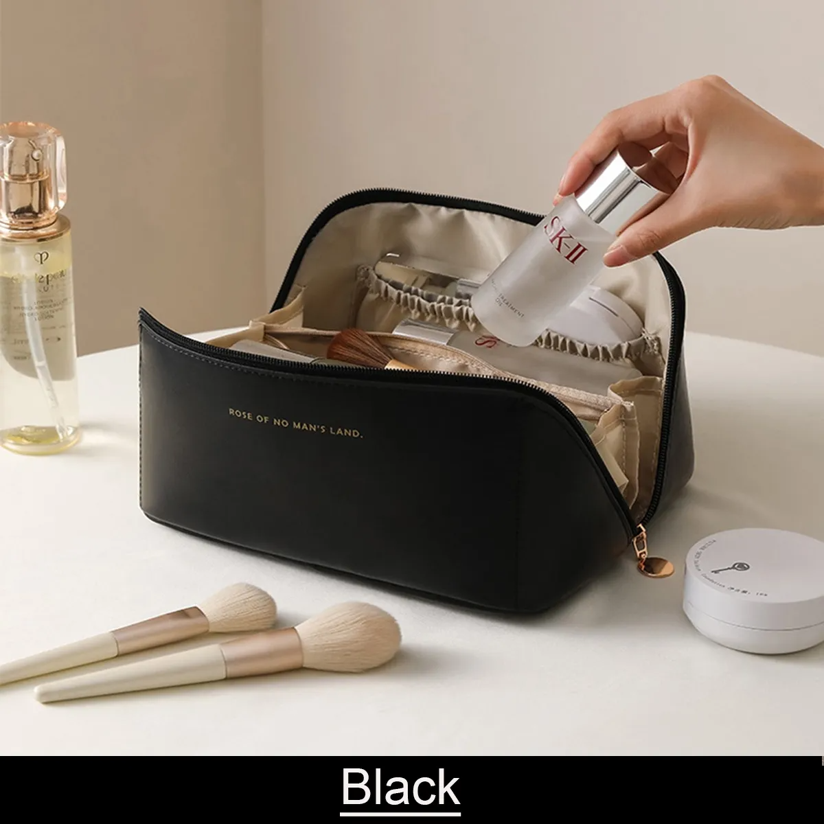 Premium Leather Travel Makeup Bag โ Waterproof with Alloy Zipper