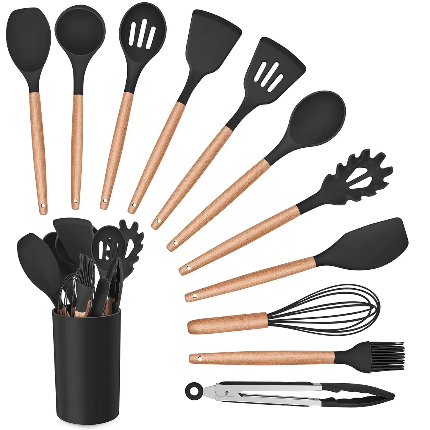 Silicone Kitchen Utensil Set โ Heat Resistant, Non-Stick, Wooden Handle
