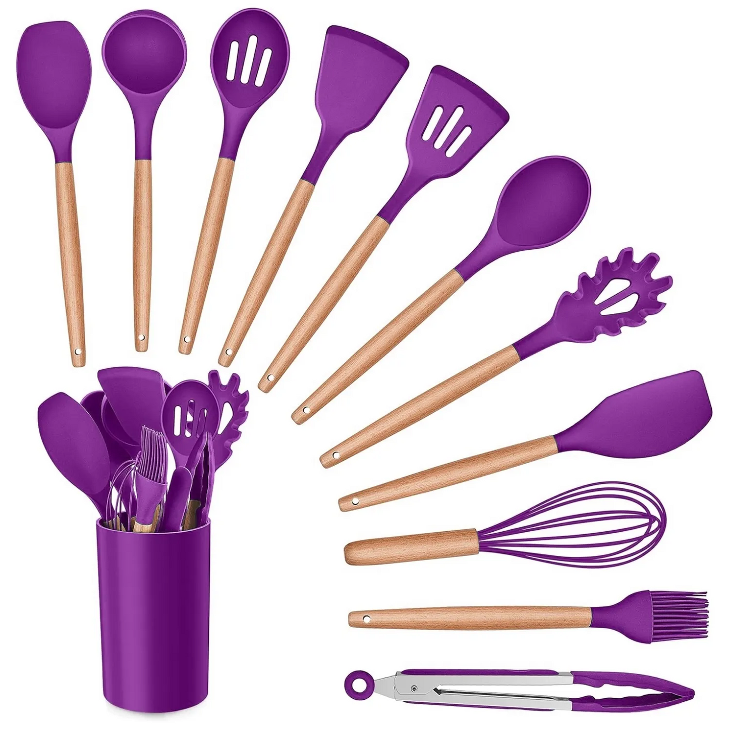 Silicone Kitchen Utensil Set โ Heat Resistant, Non-Stick, Wooden Handle
