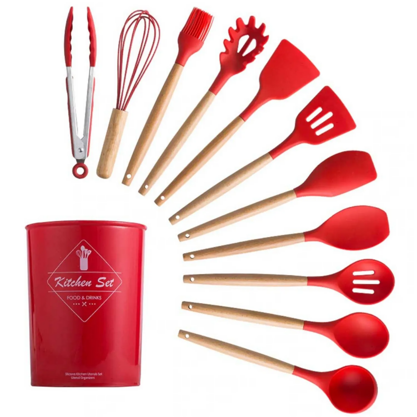 Silicone Kitchen Utensil Set โ Heat Resistant, Non-Stick, Wooden Handle