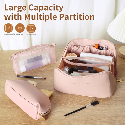 Premium Leather Travel Makeup Bag – Waterproof with Alloy Zipper