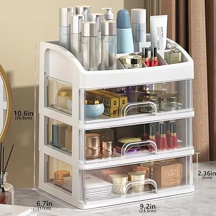 3-Tier Clear Cosmetic Organizer with Drawers & Top Tray