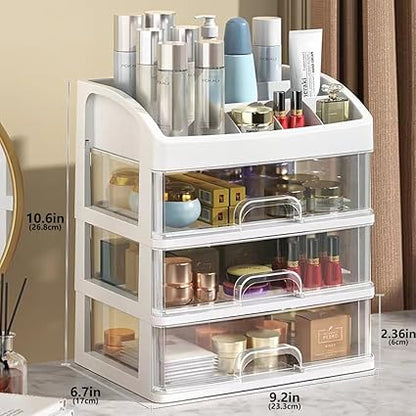 3-Tier Clear Cosmetic Organizer with Drawers & Top Tray