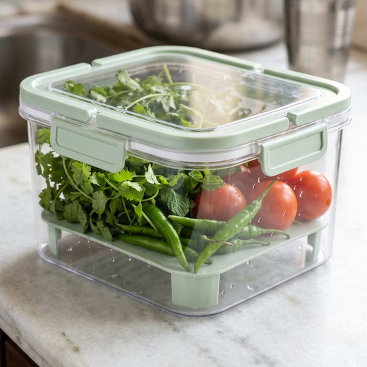 Fridge Fresh Keeper Box with Drainer Tray - Airtight Vegetable & Fruit Storage Container