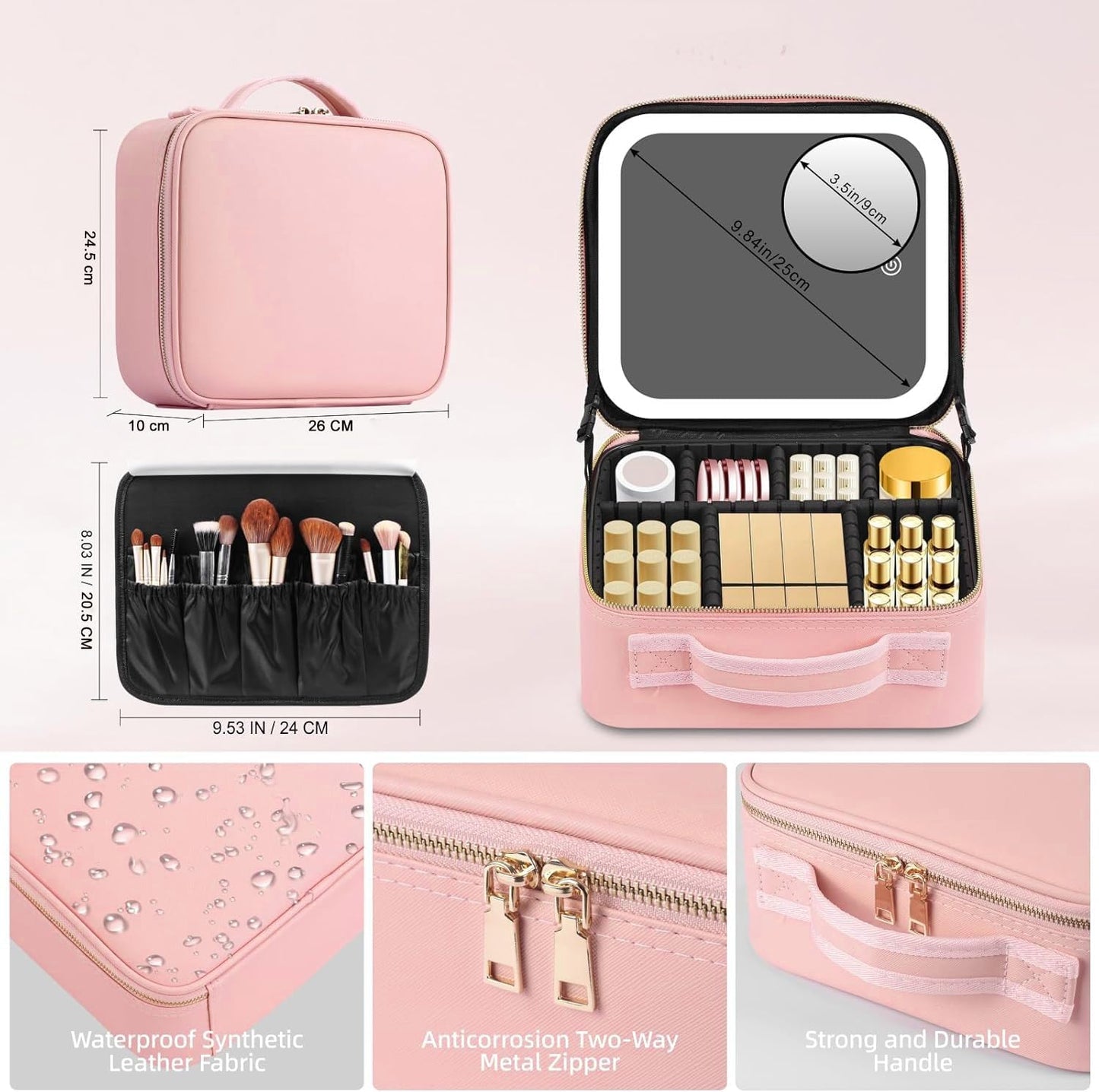 Open vanity case showing makeup storage dividers and compartments