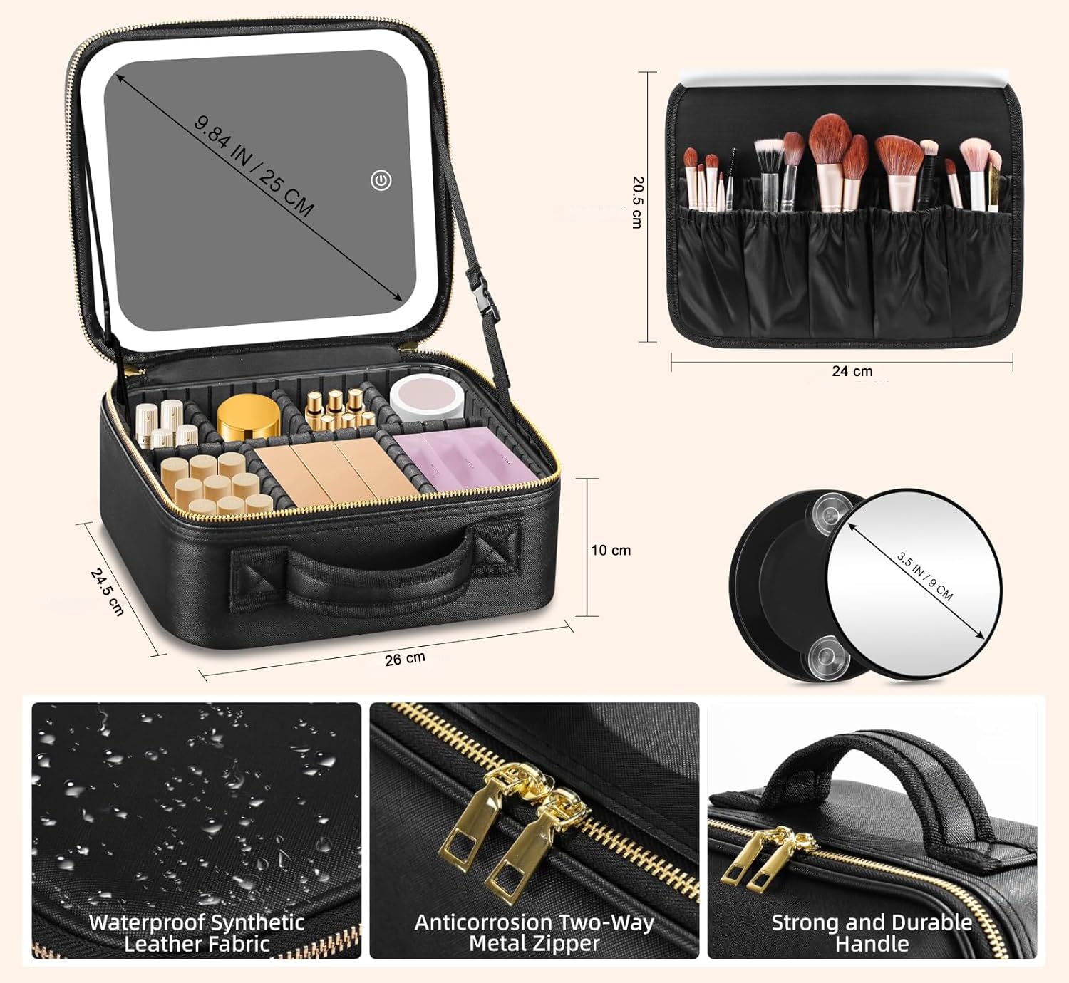 Open pink cosmetic case with lighted mirror for makeup