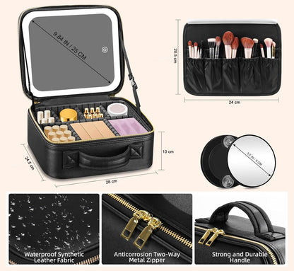 Open pink cosmetic case with lighted mirror for makeup