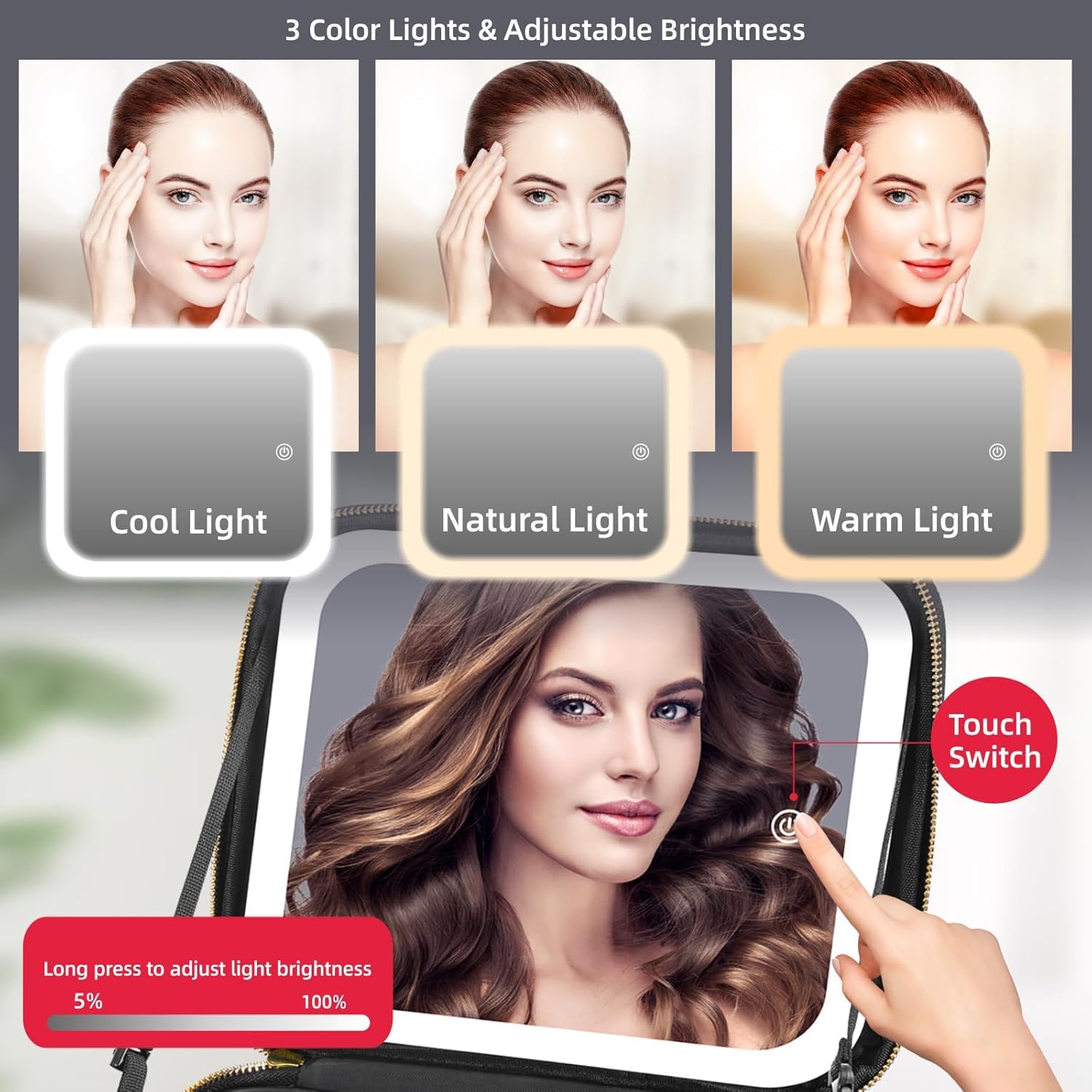 Moon-shaped LED mirror for makeup vanity case