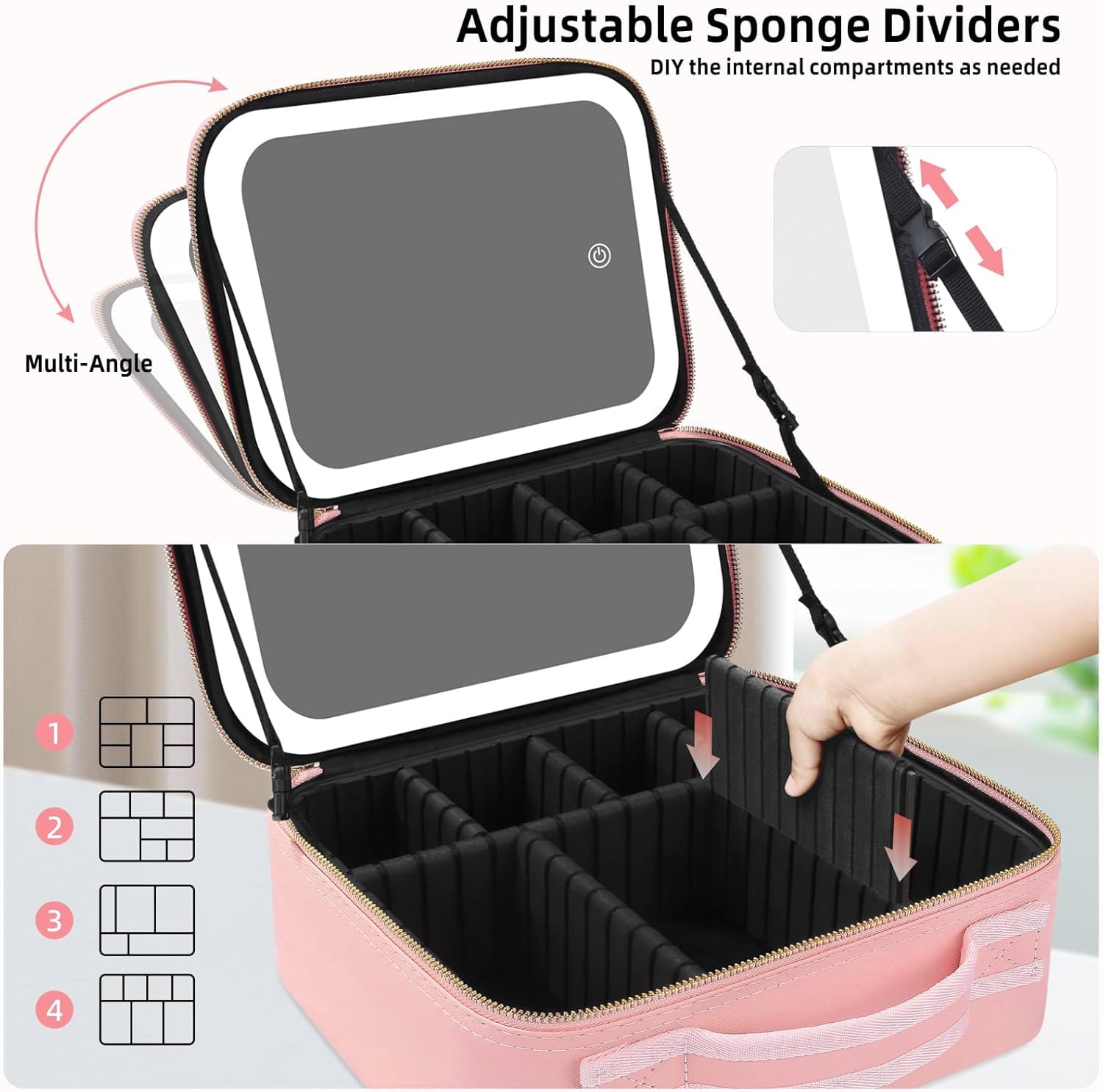 Woman using LED mirror makeup case for application