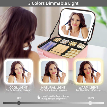 Pink LED mirror makeup vanity case - beauty organizer box