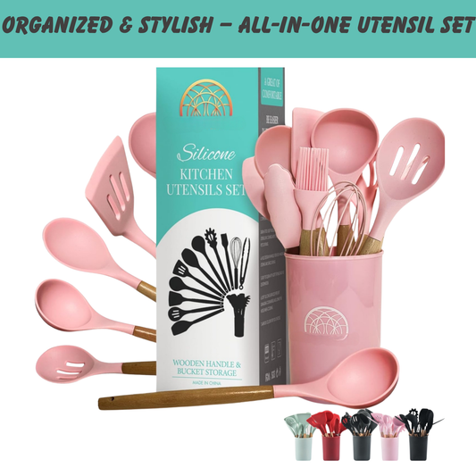 Silicone Kitchen Utensil Set – Heat Resistant, Non-Stick, Wooden Handle