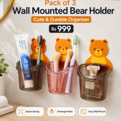 Wall Mounted Bear Storage Cup – Pack of 3 | Bathroom Organizer