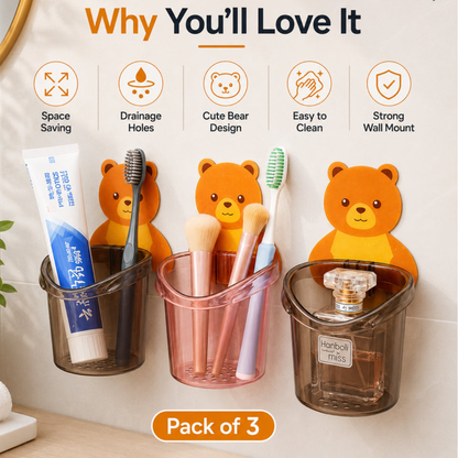 Wall Mounted Bear Storage Cup – Pack of 3 | Bathroom Organizer