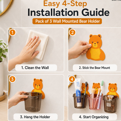 Wall Mounted Bear Storage Cup – Pack of 3 | Bathroom Organizer