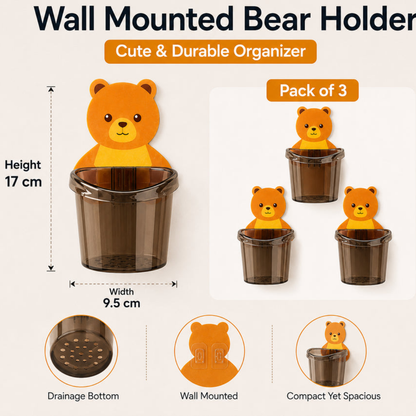 Wall Mounted Bear Storage Cup – Pack of 3 | Bathroom Organizer