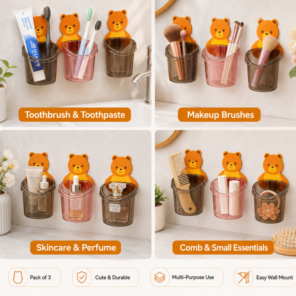 Wall Mounted Bear Storage Cup – Pack of 3 | Bathroom Organizer