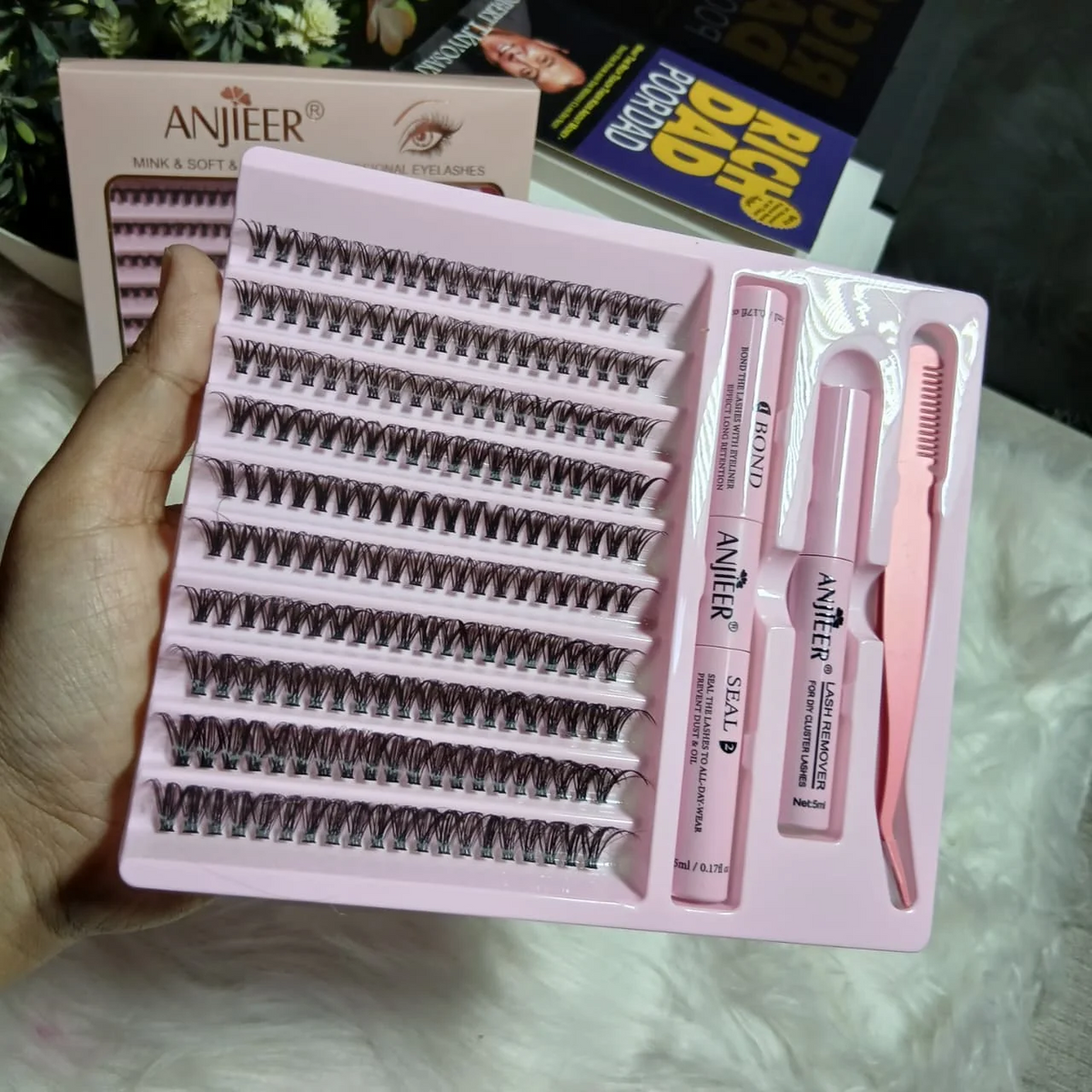 ANJIEER DIY Eyelash Extension Kit – Mink, Soft & Natural Professional Cluster Lashes with Bond, Seal, and Remover