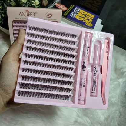 ANJIEER DIY Eyelash Extension Kit – Mink, Soft & Natural Professional Cluster Lashes with Bond, Seal, and Remover