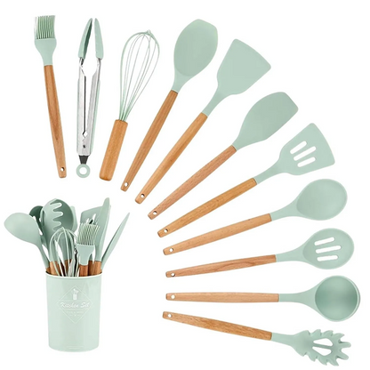 Silicone Kitchen Utensil Set – Heat Resistant, Non-Stick, Wooden Handle
