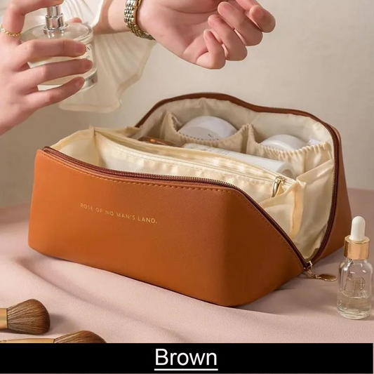 Premium Leather Travel Makeup Bag – Waterproof with Alloy Zipper