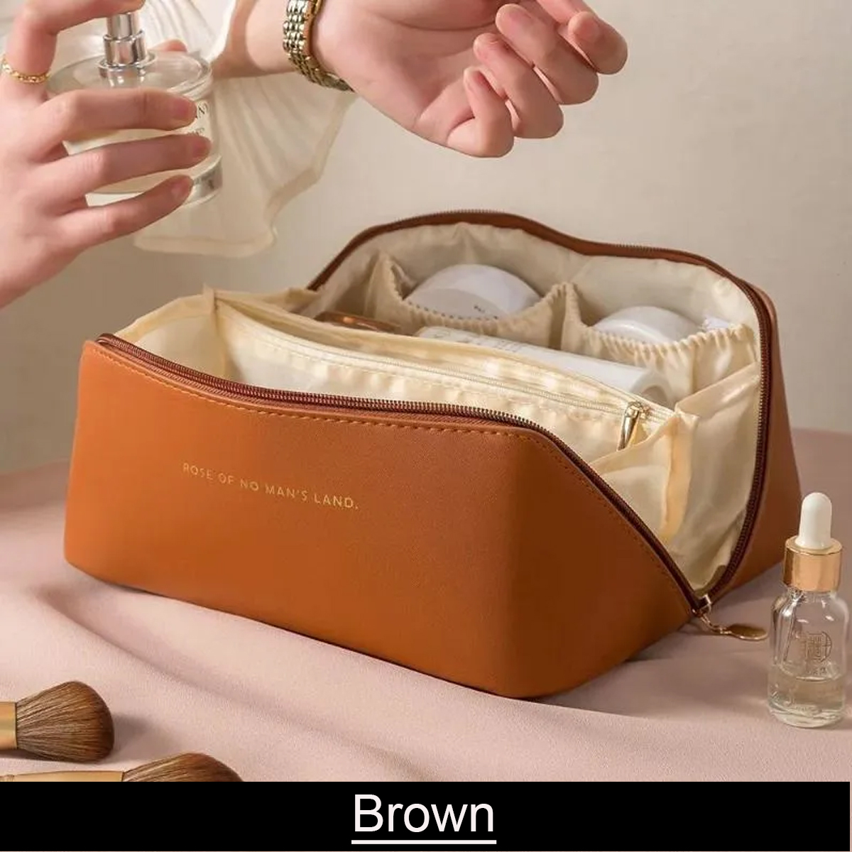 Premium Leather Travel Makeup Bag – Waterproof with Alloy Zipper